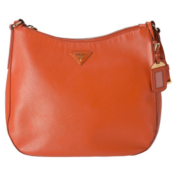 PRADA Triangle Logo Shoulder Bag Hobo Orange Saffiano Leather - Picture 1 of 10